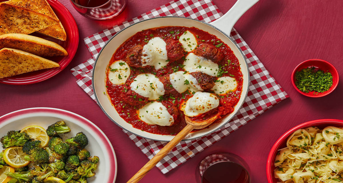Italian Sunday Supper with Parmesan Pork Meatballs, Buttered Tortelloni, Lemony Broccoli, and Garlic Ciabatta