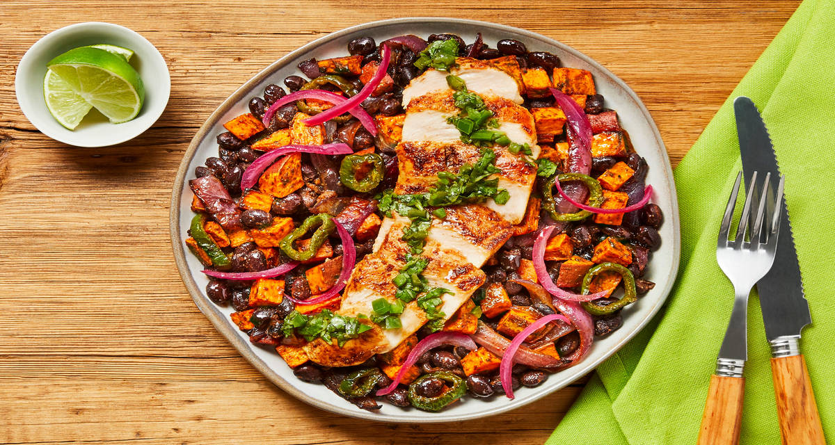 Jalapeño Chimi Chicken over a Roasted Veggie & Black Bean Jumble