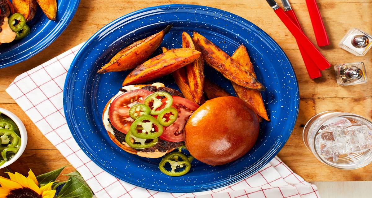Jalapeño Popper Burgers with Sweet Potato Fries and Garlic Mayo