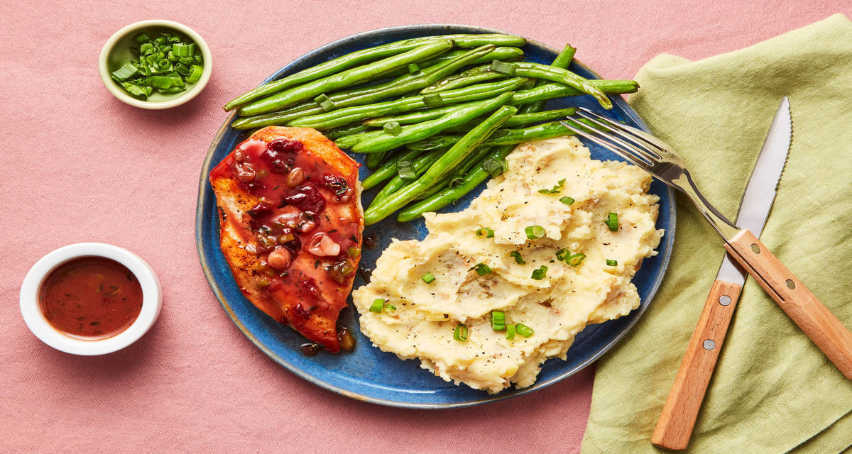 Jammin’ Cherry Thyme Chicken with Scallion Mashed Potatoes & Roasted Green Beans