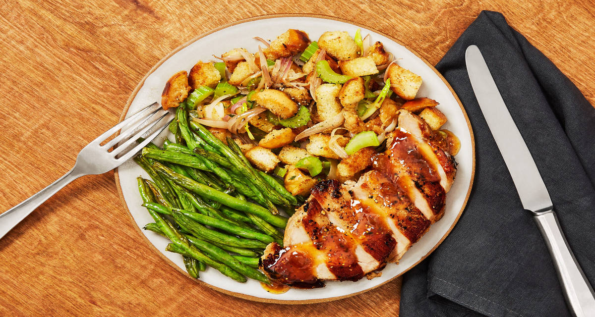 Jammy Pork Chops with Shallot-Thyme Pan Stuffing & Roasted Green Beans