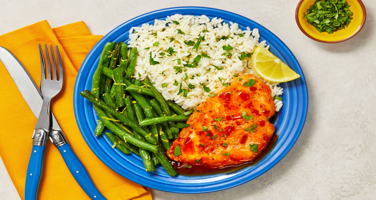 Jammy Red Pepper Chicken with Lemony Green Beans & Cilantro Rice