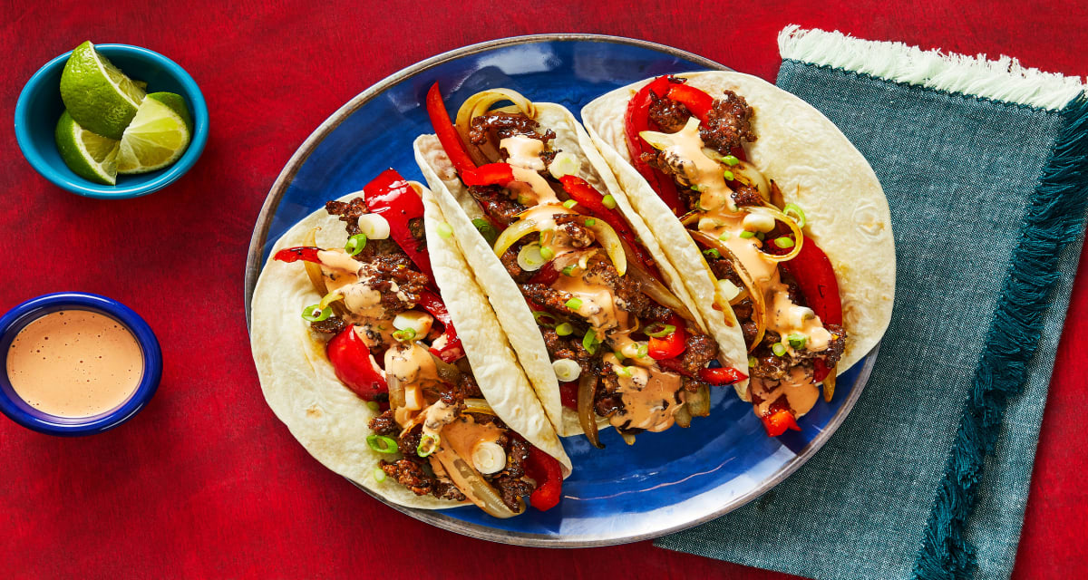 Japanese Beef & Pepper Tacos with Sriracha-Ponzu Mayo-image