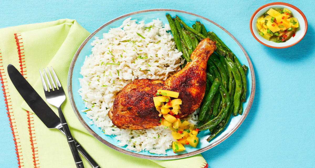 Jerk Chicken Legs with Tropical Rice, Pineapple Salsa & Roasted Green Beans