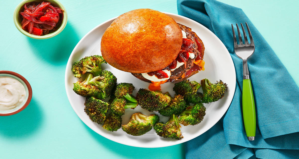 Juicy Lucy Burgers with Tomato Onion Jam & Roasted Broccoli
