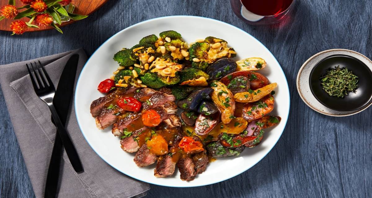 Juicy Tomato Sirloin Steak with Roasted Broccoli and Fingerling Potatoes