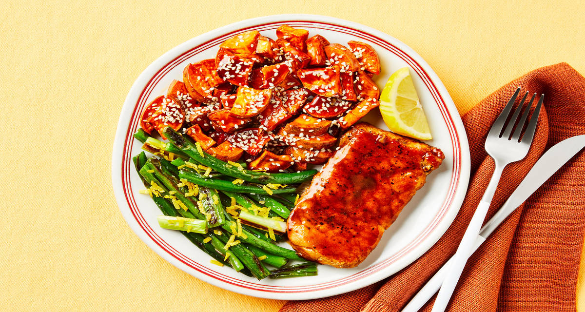Katsu-Glazed Pork Chops with Candied Sweet Potatoes & Garlicky Green Beans