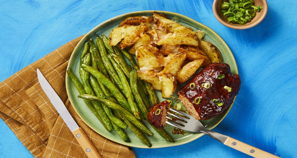 Kickin’ Orange BBQ Pork Meatloaves with Cheesy Potato Wedges & Roasted Green Beans-image
