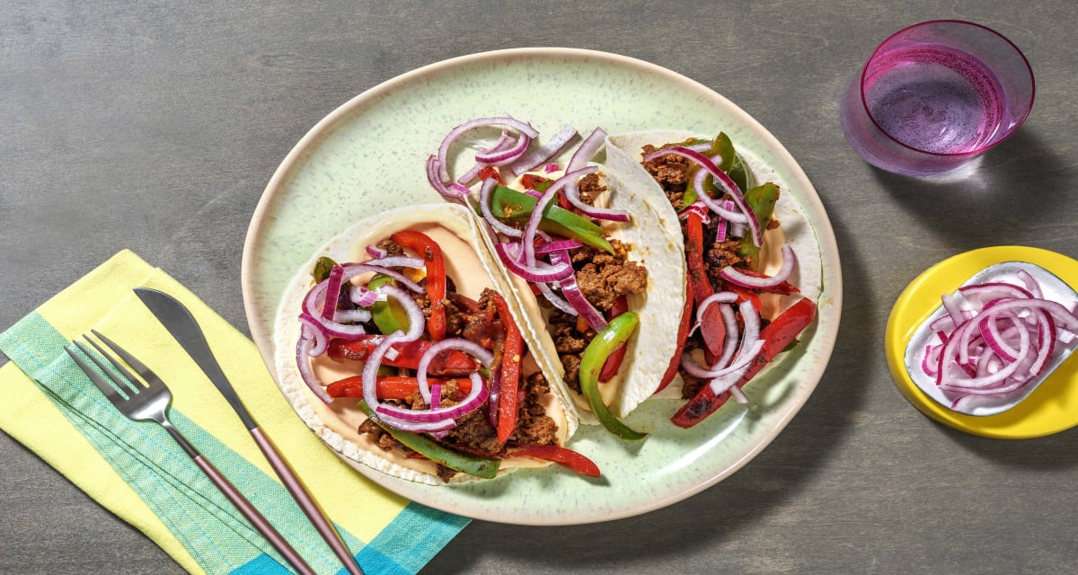 Korean Style Beef Tacos with Sriracha Mayo and Pickled Onion-image