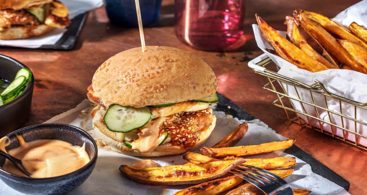 Chicken and Halloumi Burger with Chips Recipe | HelloFresh