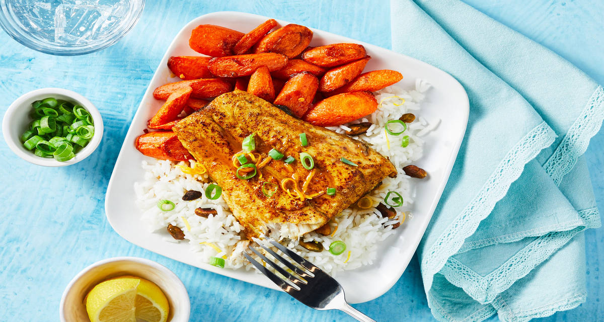 Lemon Butter Barramundi with Pistachio Rice & Chili-Roasted Carrots