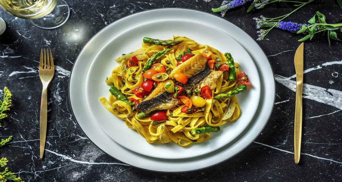 Lemon, Fennel and Asparagus Tagliatelle with Seabass Recipe HelloFresh