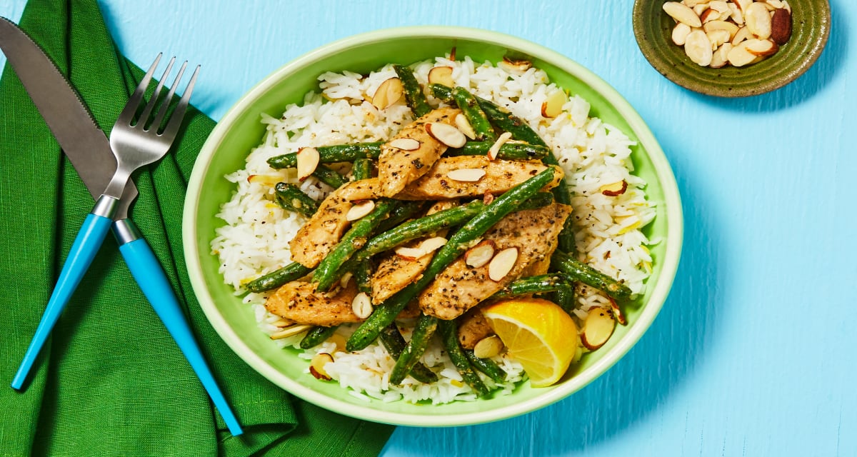 Lemon Garlic Chicken Green Beans with Almond Rice