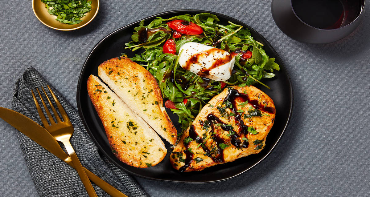 Lemon Parsley Chicken Paillard with Balsamic Burrata, Arugula Salad & Toasted Bread