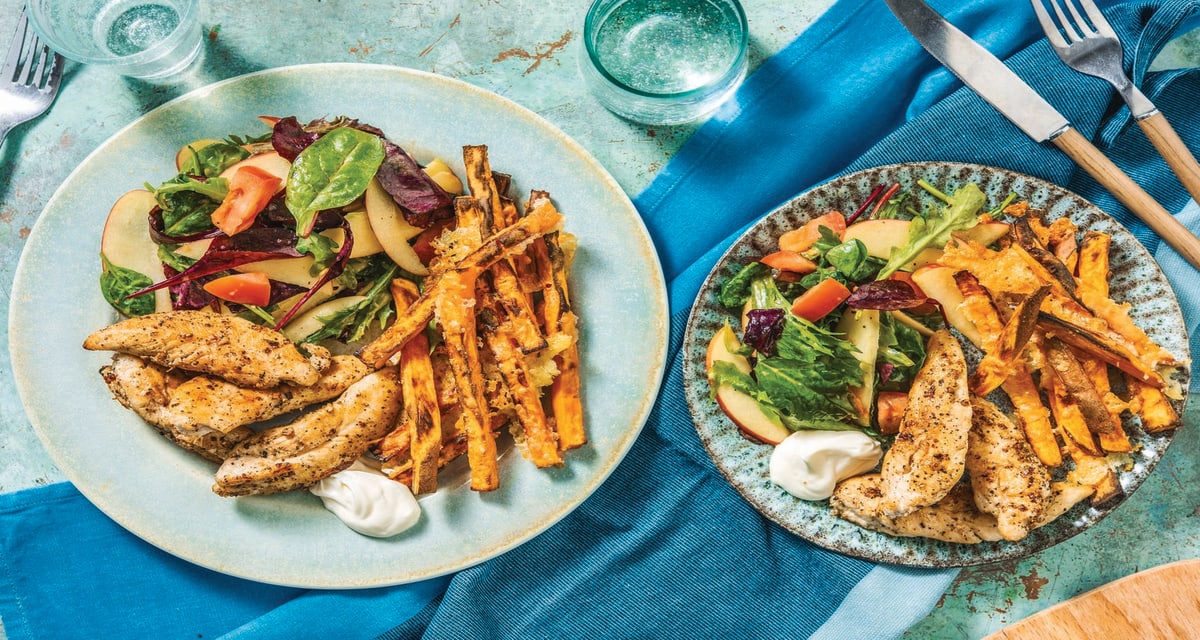 Lemon Pepper Chicken Tenders with Cheesy Sweet Potato Fries Apple Salad