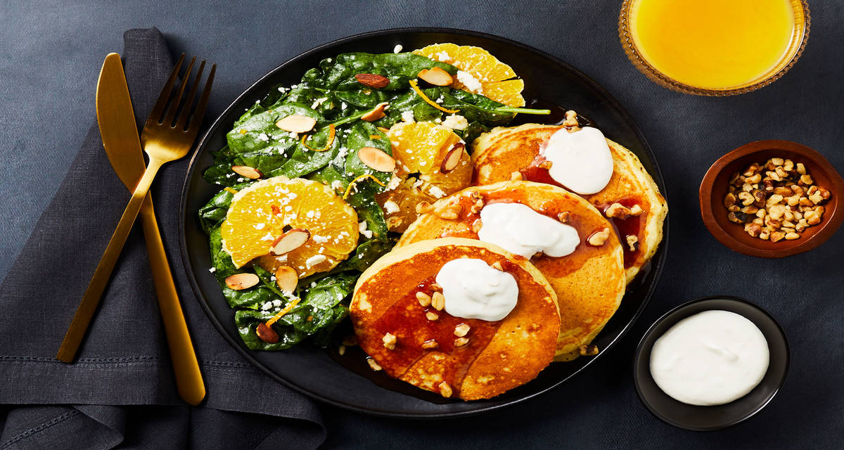 Lemon Ricotta Pancakes with Crème Fraîche plus Cherry Maple Syrup & a Spinach Orange Salad