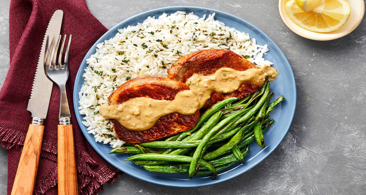 Lemon Thyme Pork with Roasted Green Beans & Garlic Herb Rice