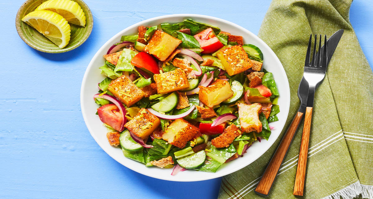 Lemon Za’atar Grilling Cheese with Greek Salad & Garlic Pita Croutons