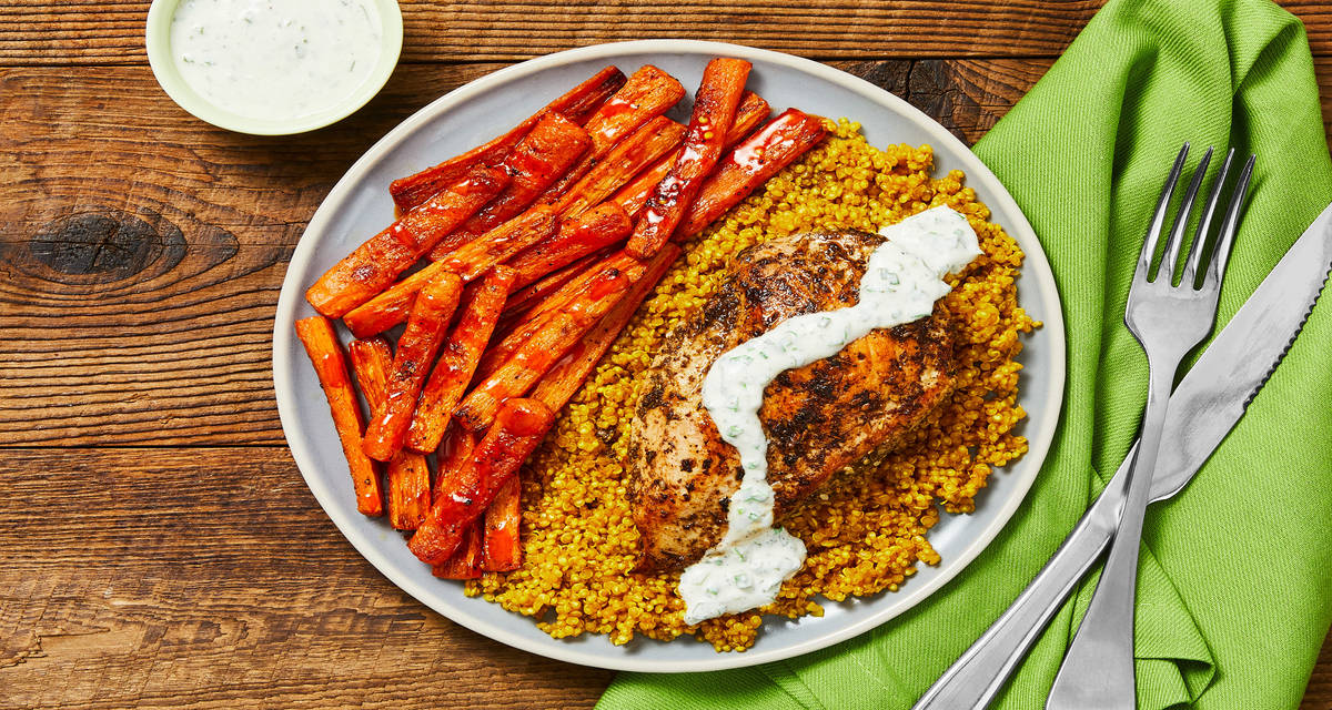 Lemon Za’atar Chicken with Green Goddess Dressing, Turmeric Quinoa, & Honey Roasted Carrots