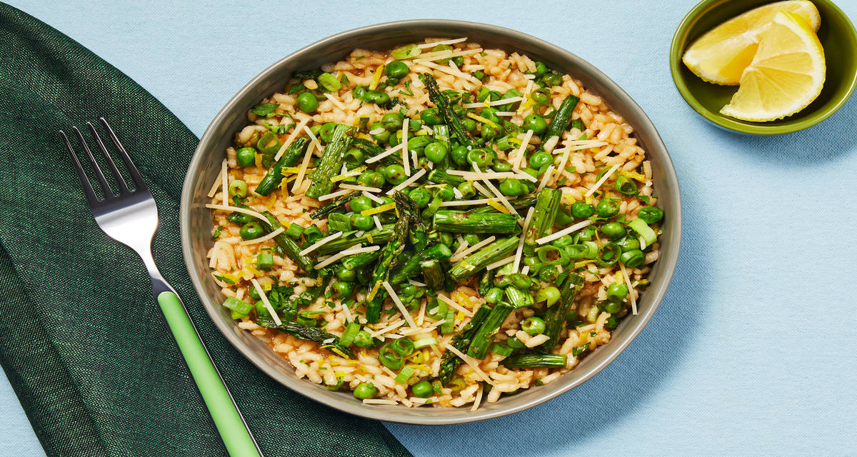 Salmon & Lemony Charred Pea Risotto with Asparagus & Parmesan