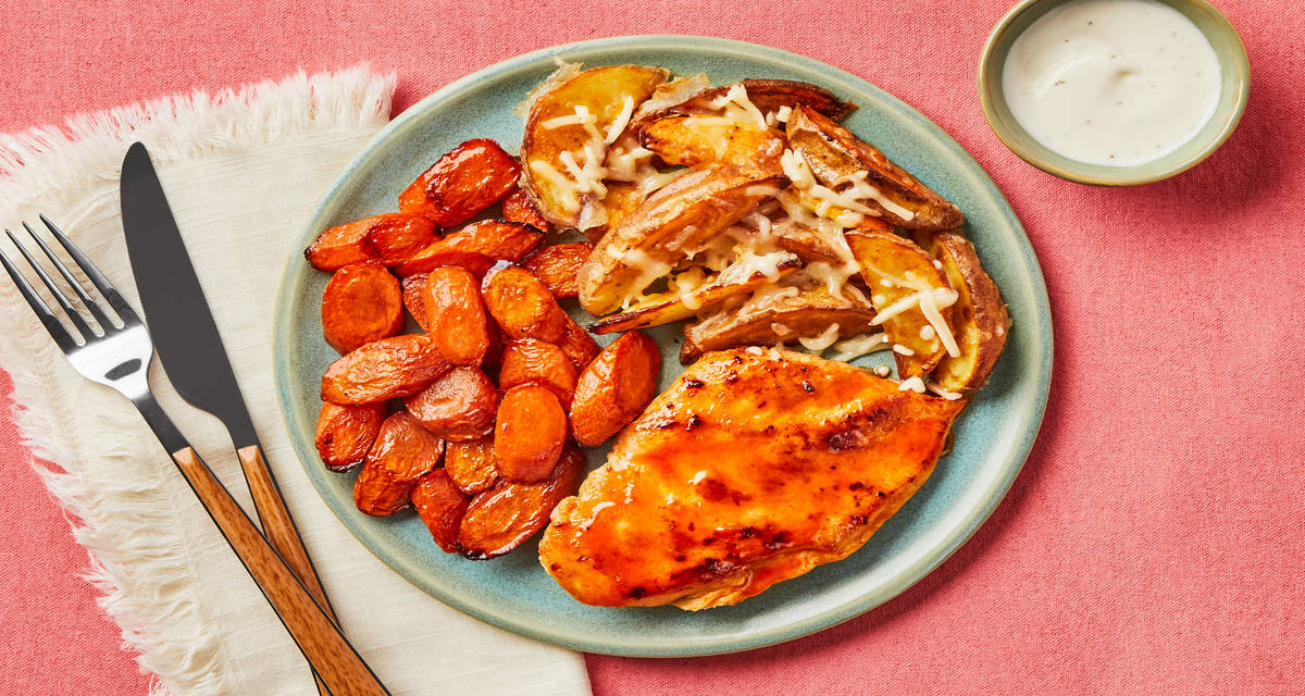 Lil’ Sweet Lil’ Spicy Chicken with Roasted Carrots & Cheesy Garlic Potato Wedges