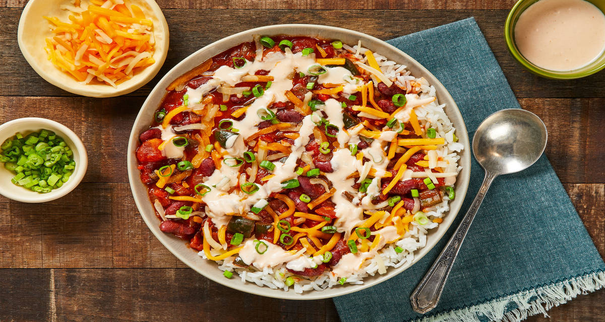 Loaded Bean & Veggie Chili with Scallion Rice & Hot Sauce Crema