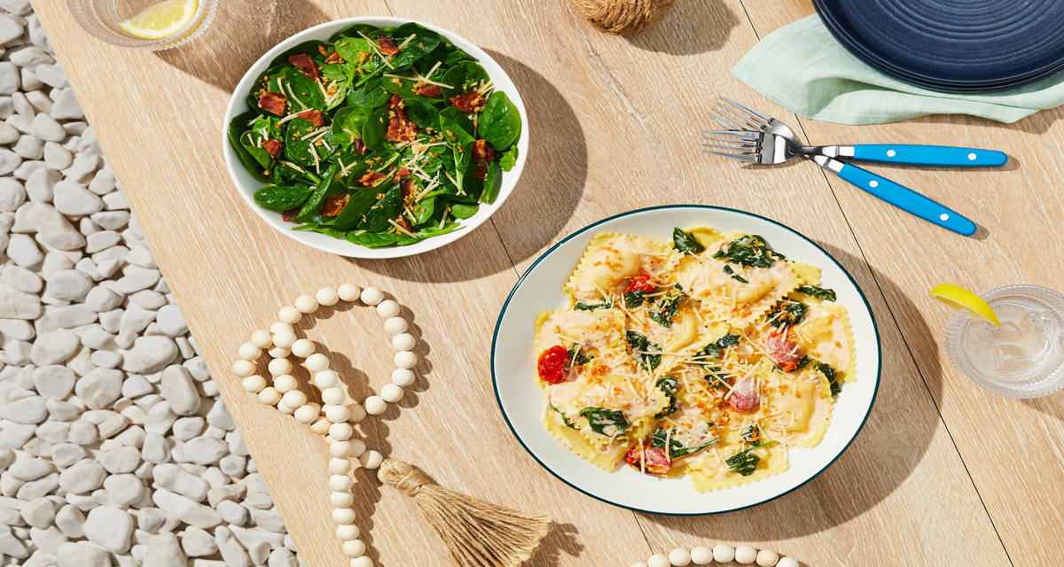 Lobster Ravioli in a Lemony Cream Sauce with Blistered Tomatoes & Spinach Salad