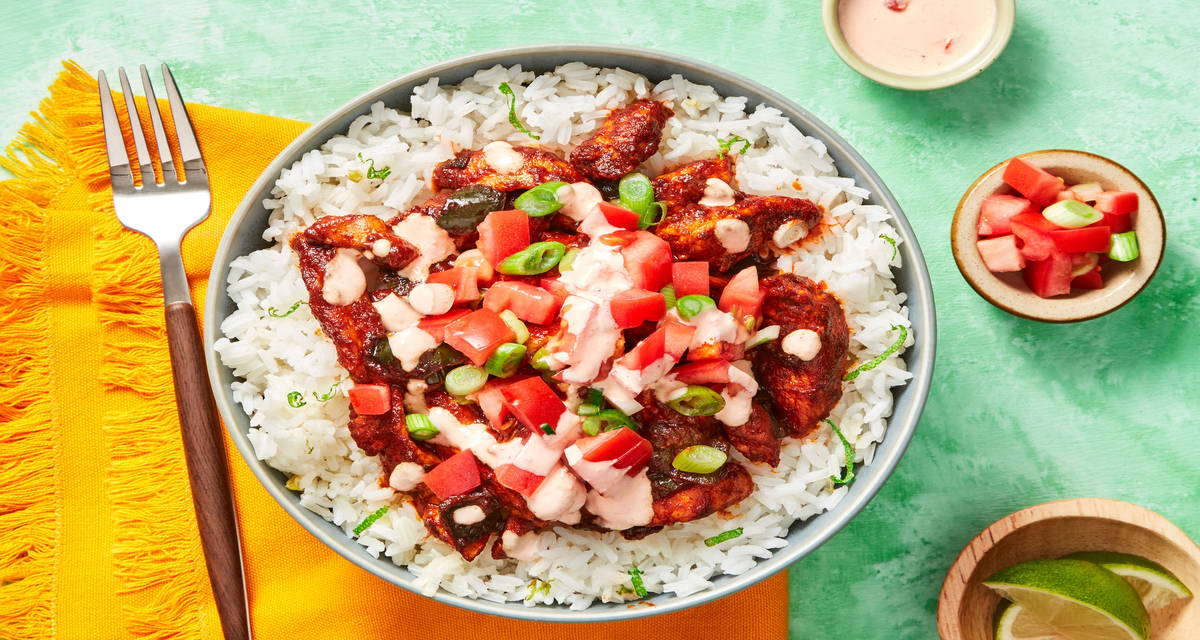 Lone Star Chicken & Rice Bowls topped with Smoky Red Pepper Crema & Salsa Fresca