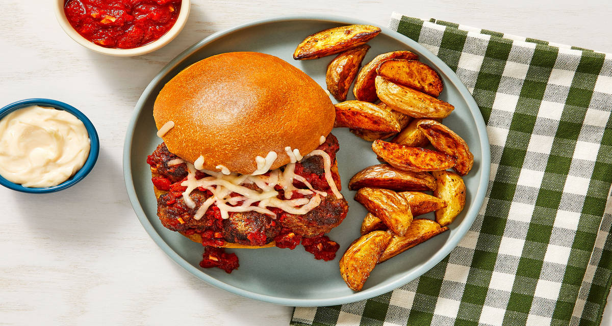 Mama Mia Meatball Melts with Mozzarella, Potato Wedges, and Garlic Aioli