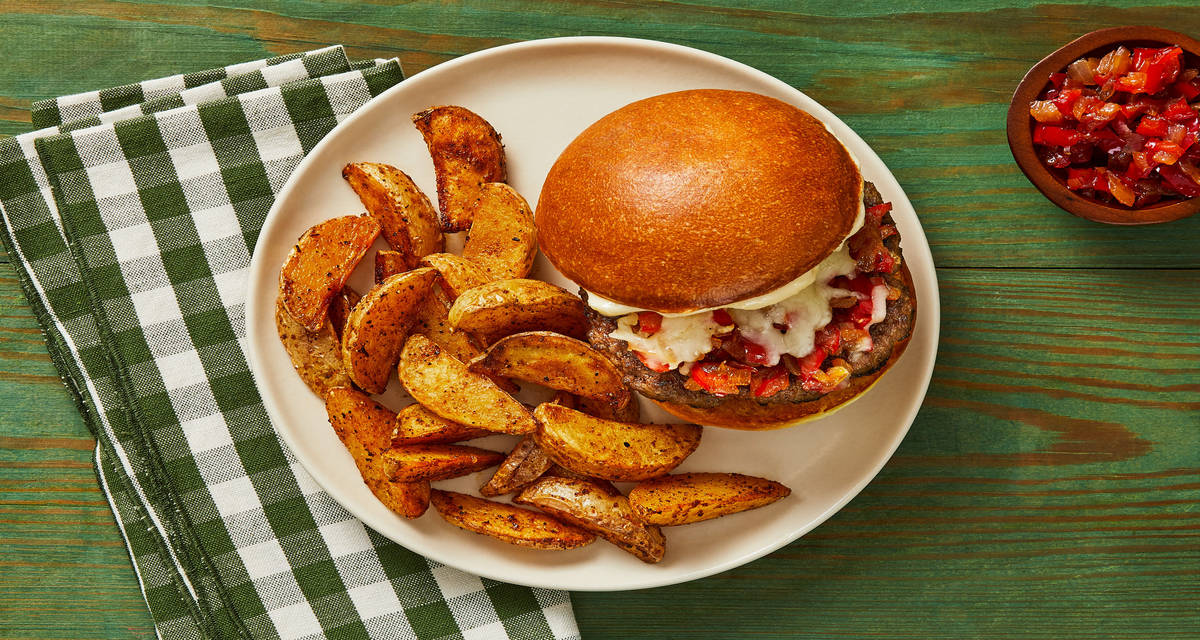 Mangia Mozzarella Burgers with Pepper Relish and Roasted Garlic Aioli