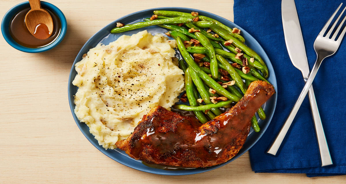 Maple Mustard Chicken Legs with Mashed Potatoes & Nutty Green Beans