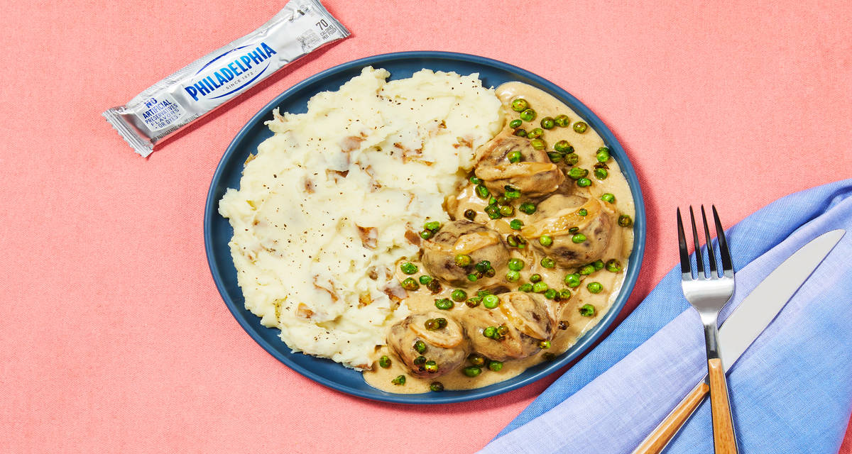 Meatballs & Creamy Onion Gravy with Philadelphia Cream Cheese, Charred Peas & Mashed Potatoes