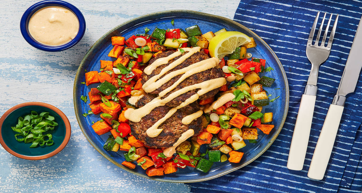 Mediterranean Beef Kofta Patties with Garlic-Lemon Aioli and Roasted Veggie Jumble