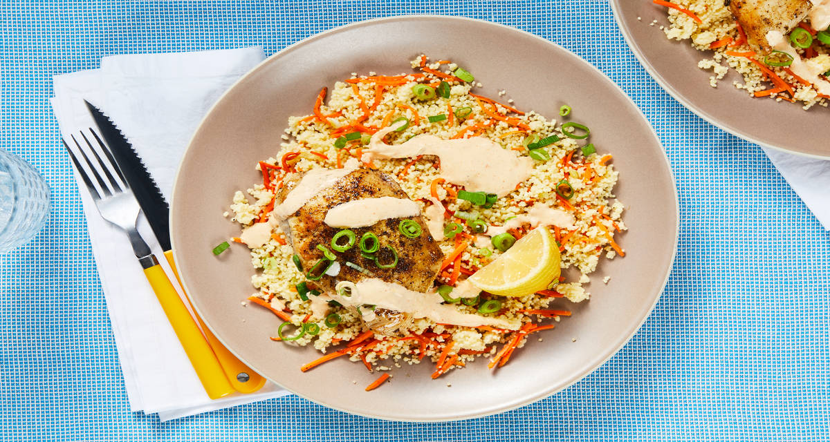 Mediterranean Chicken Cutlets with Carrot Couscous and Harissa Crema