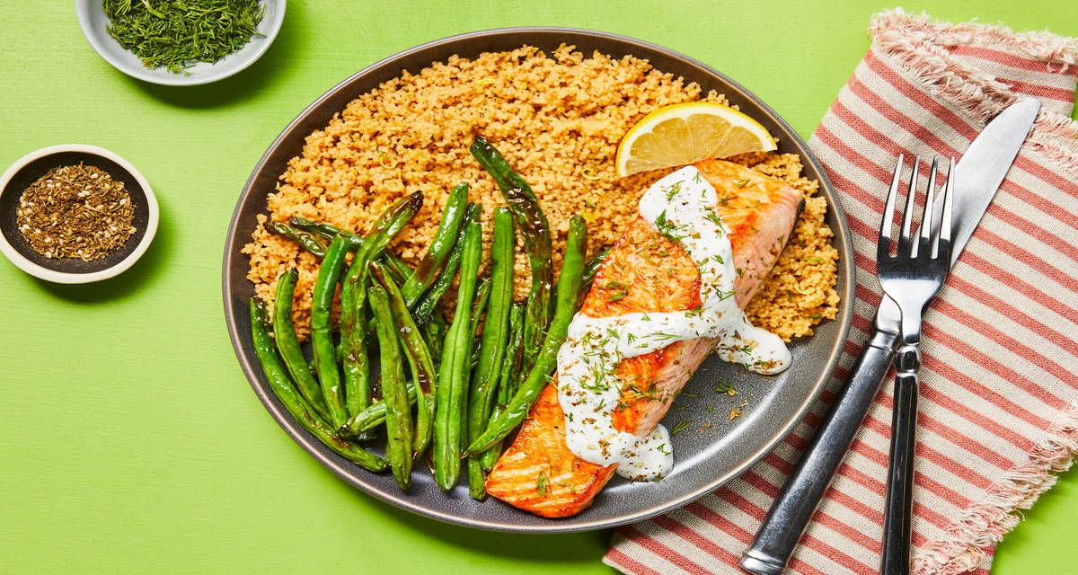 Mediterranean Salmon with Creamy Dill Sauce, Green Beans & Za’atar Couscous