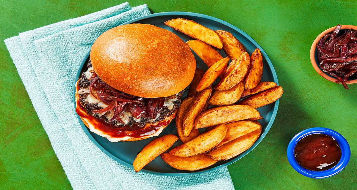 Melty Monterey Jack Burgers with Red Onion Jam, Garlic Mayo & Crispy Potato Wedges