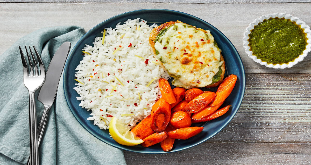 Mozzarella Pesto Chicken with Roasted Carrots and Lemony Rice