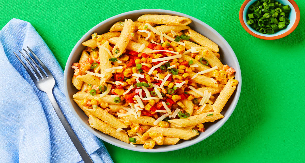 Mexican Street Corn & Shrimp Pasta with Bell Pepper, Jalapeño & Pepper Jack