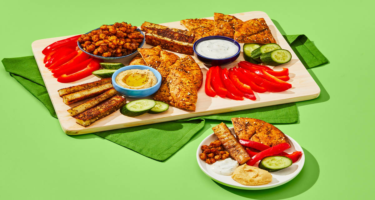 Mezze-Style Grilling Cheese & Pita Board with Roasted Chickpeas, Veggies, Hummus & Yogurt Sauce  | 2 servings