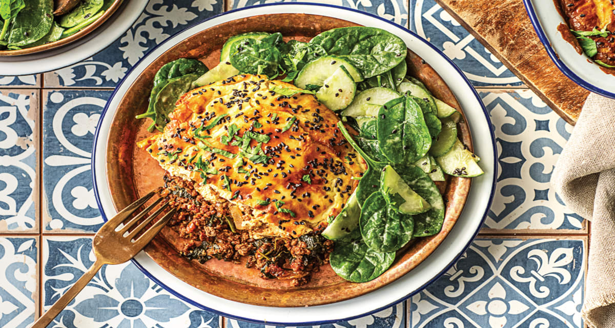 Loaded Middle Eastern Spiced Lamb Pie with Tahini Yoghurt Crust & Green Salad