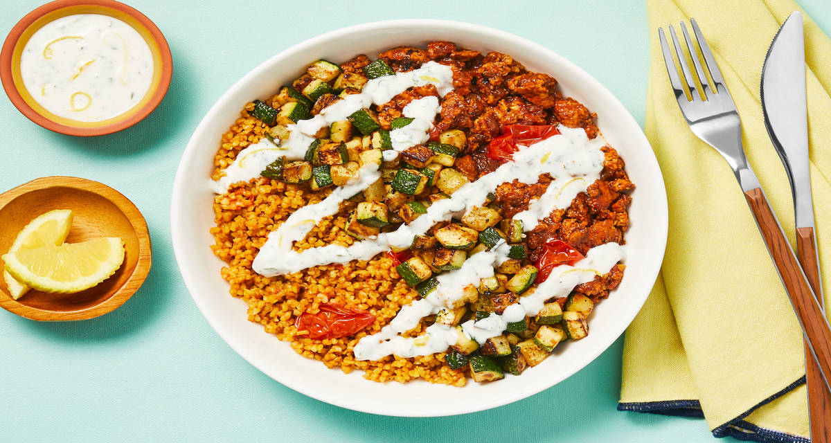Middle Eastern Spiced Turkey Bowls with Bulgur, Zucchini & Cilantro Yogurt