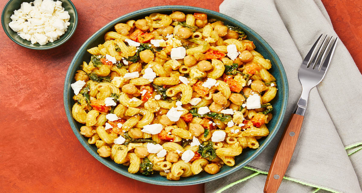 Middle-Eastern Style Shrimp Cavatappi with Chickpeas, Spinach, Tomato & Feta