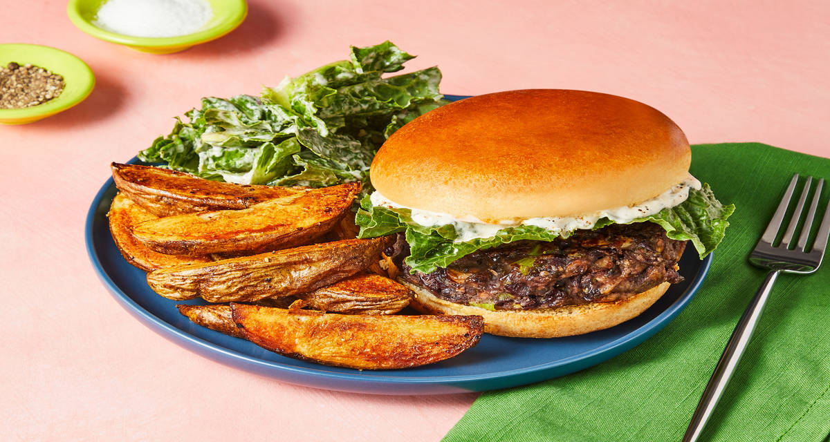 Mighty Mushroom & Black Bean Burgers with Green Salad, Potato Wedges & Herby Mayo