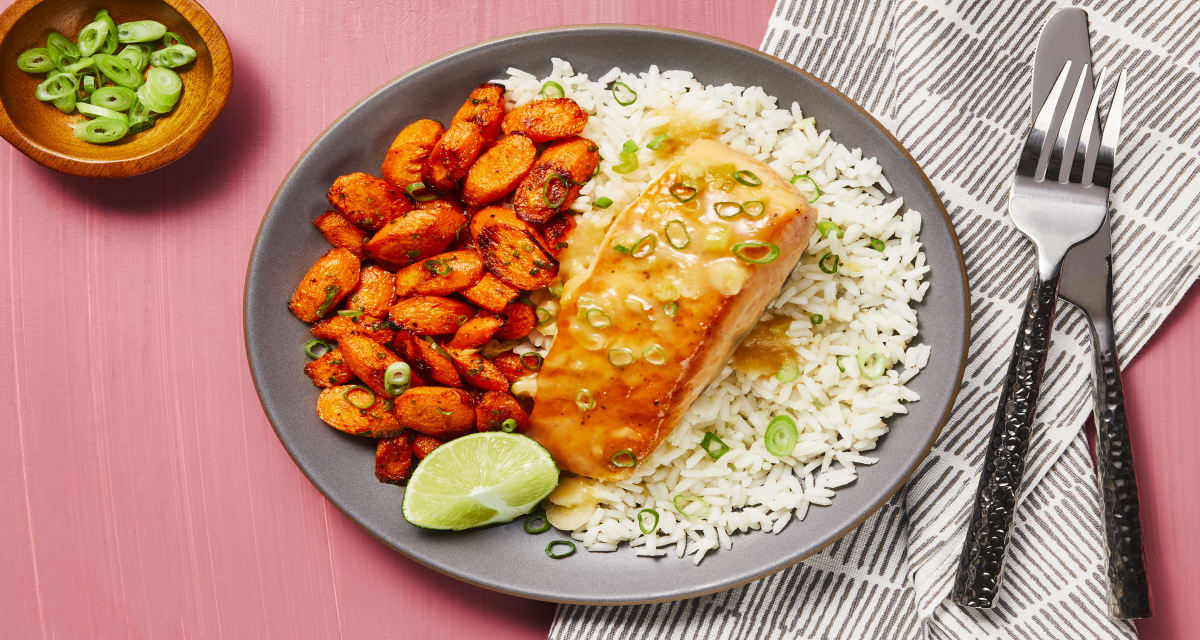 Miso Apricot Salmon with Garlic Ginger Rice & Zesty Carrots-image