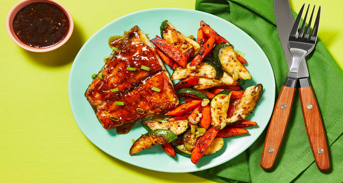 Miso Apricot–Glazed Barramundi with Garlicky Zucchini & Carrot Stir-Fry