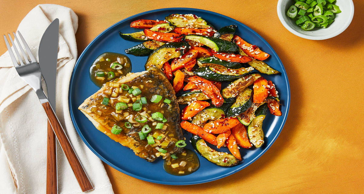 Miso Ginger Barramundi with Chili-Garlic Roasted Zucchini & Carrots