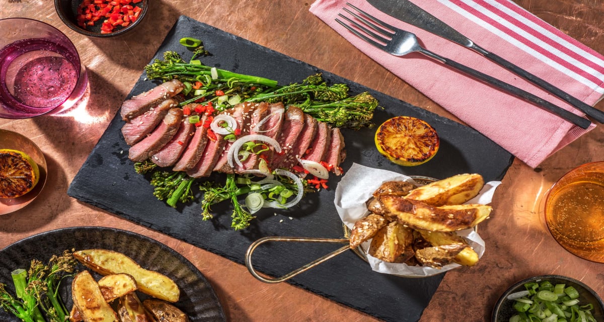 Honey Miso Glazed Sirloin Steak with Crispy Wedges and Tenderstem-image