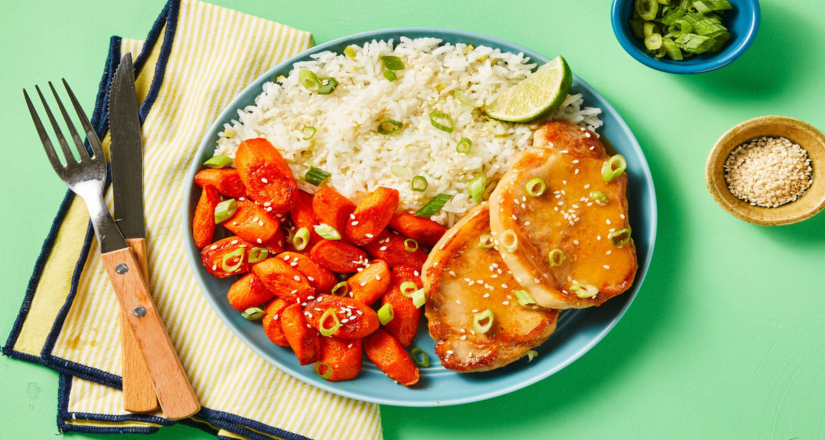 Miso Lime Pork Cutlets with Roasted Carrots & Ginger Scallion Rice
