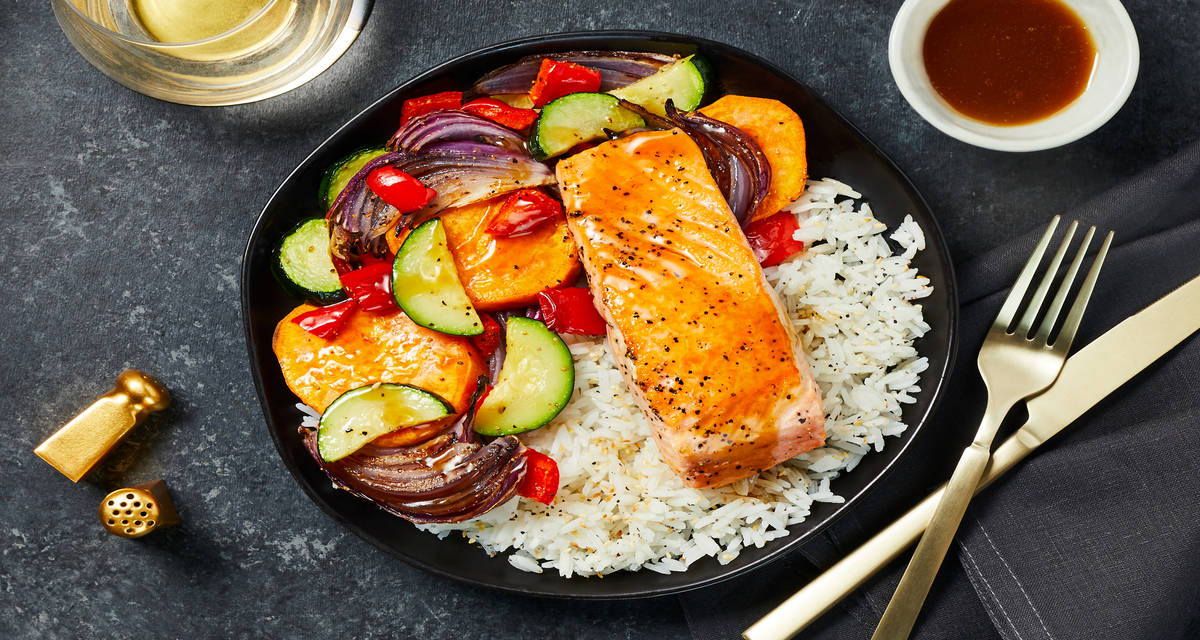 Miso Maple-Glazed Salmon with Toasted Sesame Rice & Sweet Potato Jumble