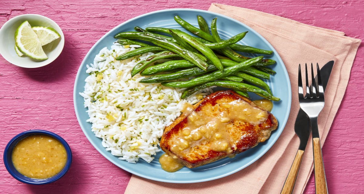 Miso Peach Pork Chops with Ginger Rice & Green Beans-image